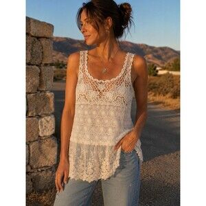 ISSI Crochet Lace Tank Top Boho Sheer Embroidered Ivory Small